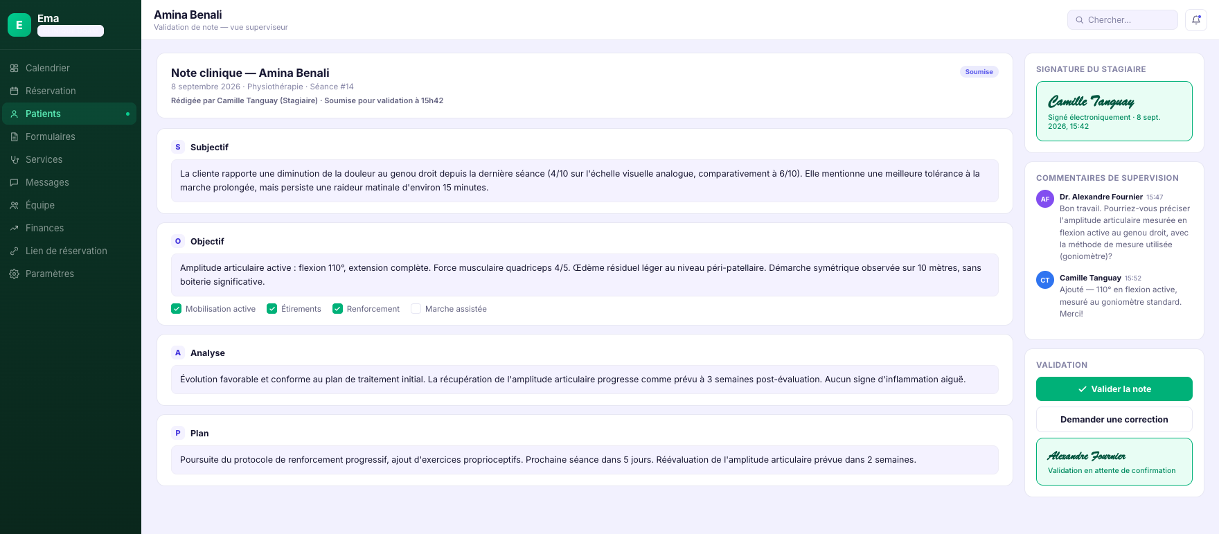 Validation de note clinique par un superviseur dans Ema