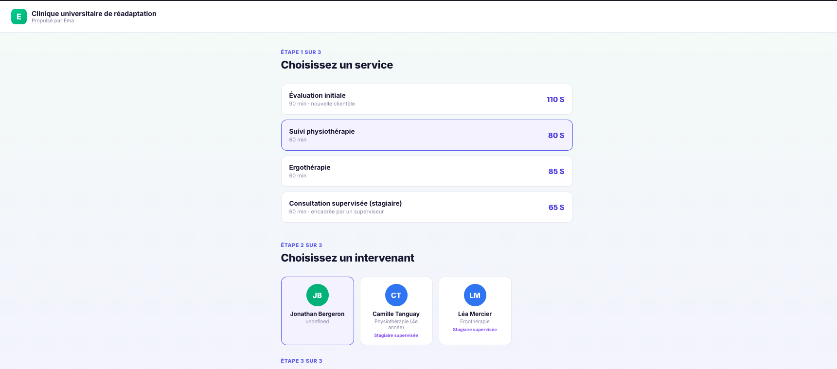 Page de réservation publique indiquant une stagiaire supervisée