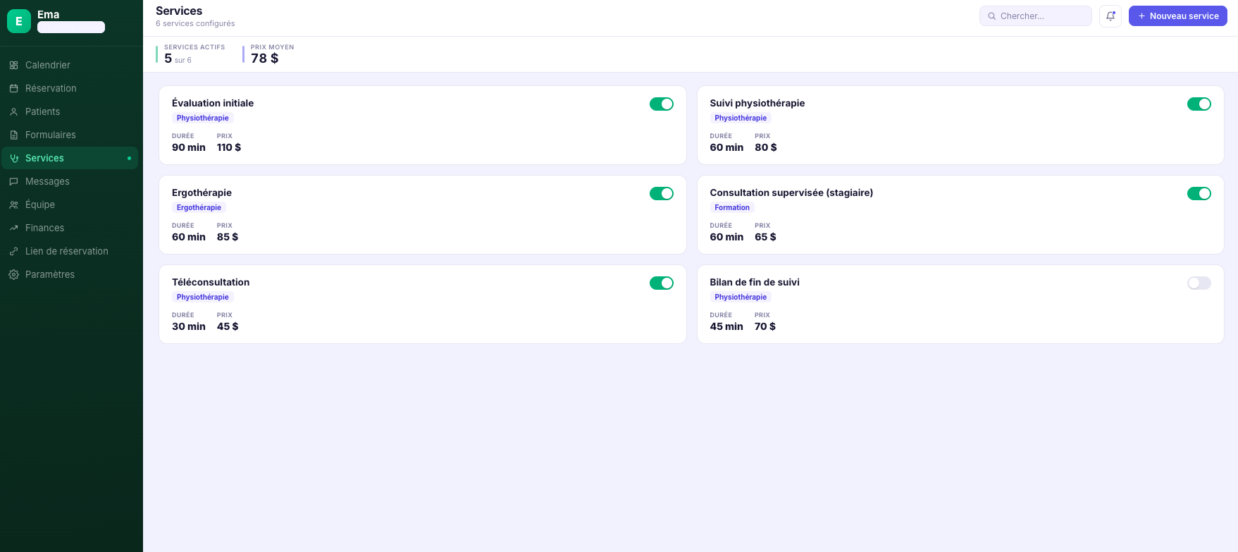 Configuration des services dans Ema
