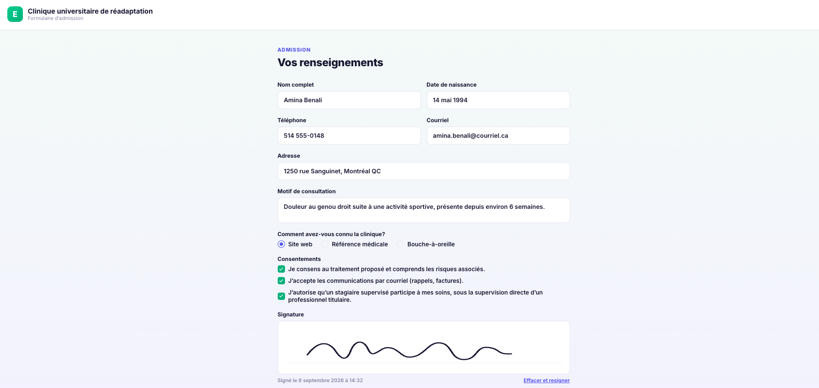 Formulaire d'admission avec signature électronique